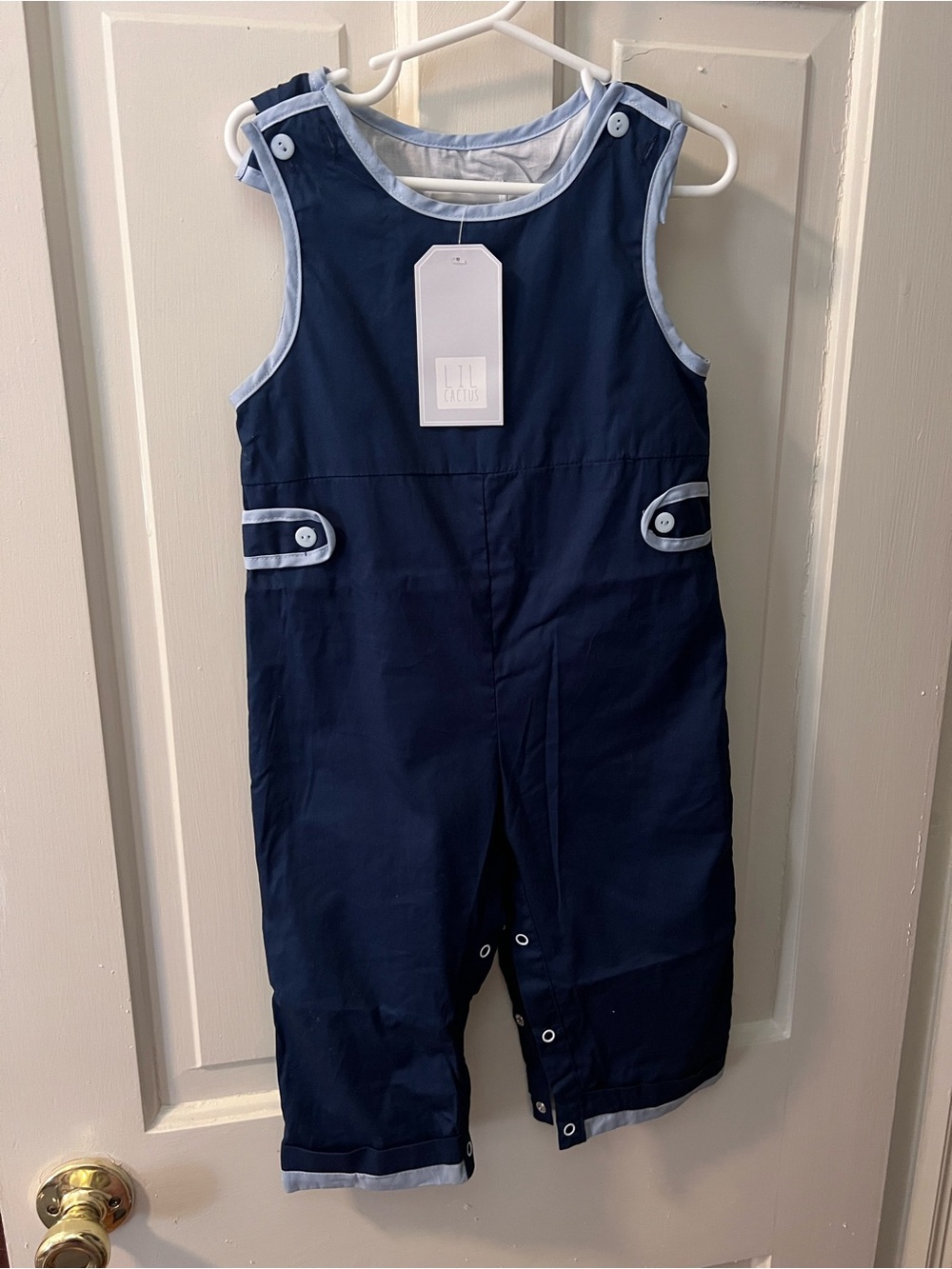 NWT Lil’ Cactus Classic Navy Boys' Romper with Light Blue Trim